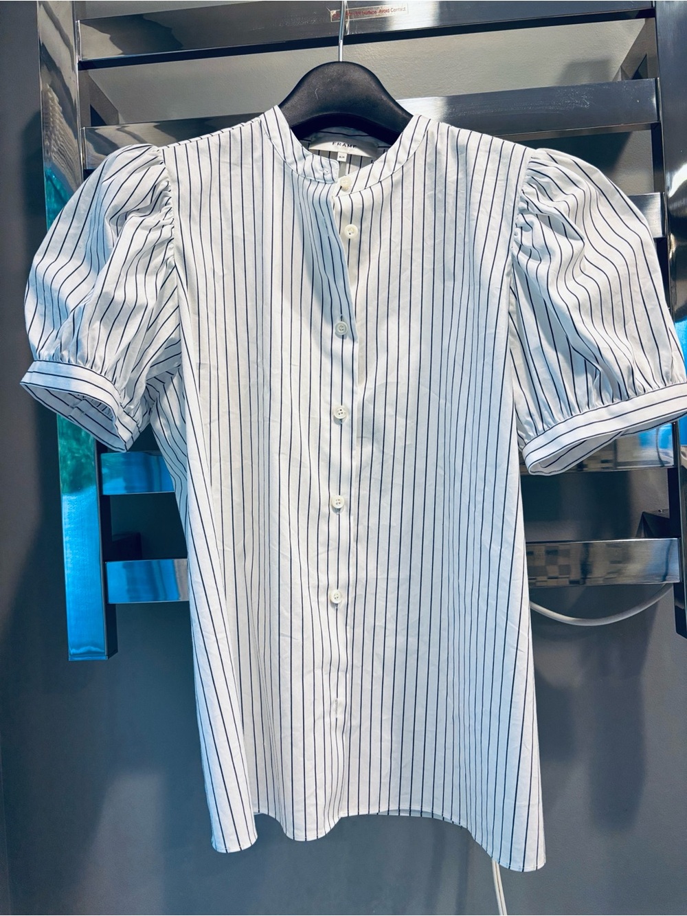 NWT Frame Striped Button-Front Puff Sleeve Blouse White with Navy Stripes cotton - Picture 14 of 16